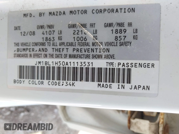 2010 Mazda 3 S Sport with VIN JM1BL1H50A1113531, listed as a IAAI auction lot 42333146 with 129,524 mi miles and . Bid and sale history available at DreamBid. Image 9.