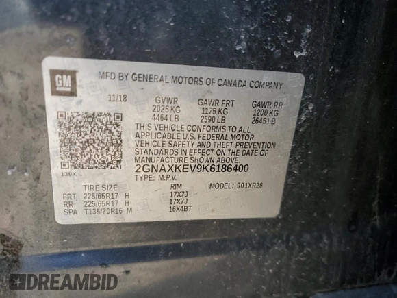 2019 Chevrolet Equinox LT z VIN 2GNAXKEV9K6186400, wystawiony jako Copart lot #47995895 z przebiegiem 133 364 mil mil oraz Szkoda całkowita • Salvage title. Historia ofert i sprzedaży dostępna na DreamBid. Obrazek 14.