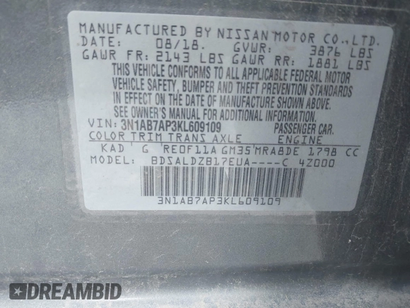 2019 Nissan Sentra SV with VIN 3N1AB7AP3KL609109, listed as a IAAI auction lot 42064433 with 100,431 mi miles and . Bid and sale history available at DreamBid. Image 9.