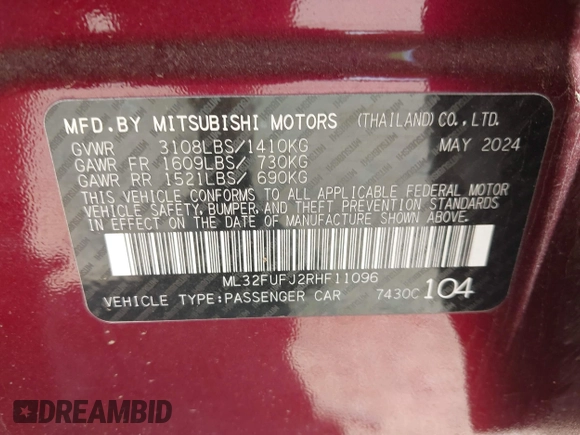 2024 Mitsubishi Mirage ES with VIN ML32FUFJ2RHF11096, listed as a IAAI auction lot 42081913 with 5,318 mi miles and . Bid and sale history available at DreamBid. Image 9.