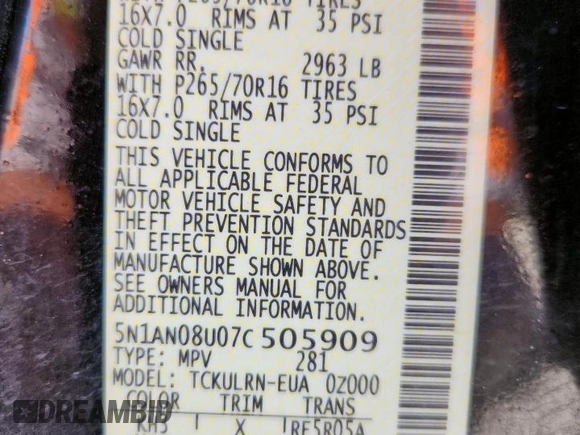 2007 Nissan Xterra SE z VIN 5N1AN08U07C505909, wystawiony jako Copart lot #59867365 z przebiegiem 128 097 mil mil oraz Szkoda całkowita • Salvage title. Historia ofert i sprzedaży dostępna na DreamBid. Obrazek 13.