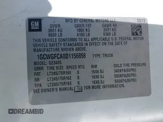 2013 Chevrolet Express Cargo Van with VIN 1GCWGFCA0D1156858, listed as a IAAI auction lot 42095785 with 223,413 mi miles. Bid and sale history available at carsss.com. Image 9.