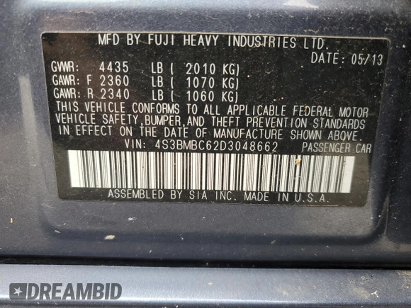 2013 Subaru Legacy Premium with VIN 4S3BMBC62D3048662, listed as a Copart auction lot 58550965 with 108,936 mi miles and Salvage title. Bid and sale history available at DreamBid. Image 12.