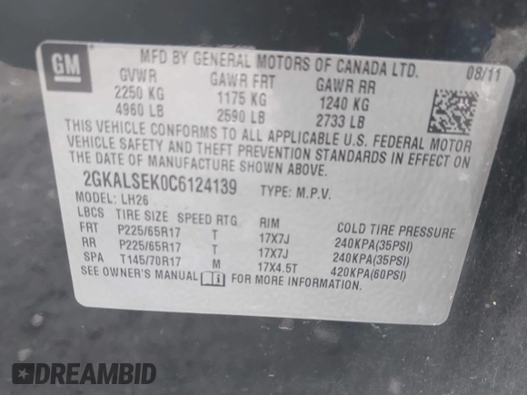 2012 GMC Terrain SLE-2 with VIN 2GKALSEK0C6124139, listed as a IAAI auction lot 42196799 with 141,328 mi miles and . Bid and sale history available at DreamBid. Image 9.