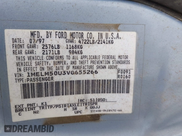 1997 Mercury Sable GS with VIN 1MELM50U3VG655266, listed as a IAAI auction lot 41612223 with 86,993 mi miles and . Bid and sale history available at DreamBid. Image 9.