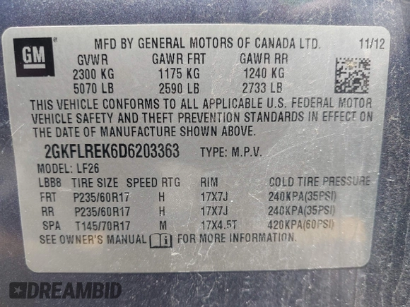 2013 GMC Terrain SLE with VIN 2GKFLREK6D6203363, listed as a IAAI auction lot 42485048 with 199,071 mi miles and . Bid and sale history available at DreamBid. Image 9.