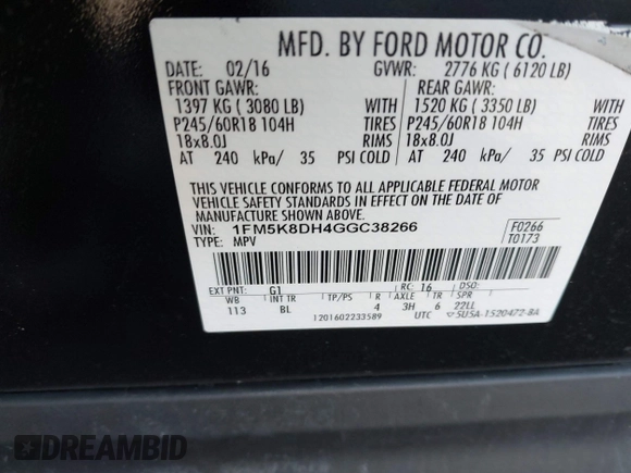 2016 Ford Explorer XLT with VIN 1FM5K8DH4GGC38266, listed as a IAAI auction lot 41975969 with 89,428 mi miles and . Bid and sale history available at carsss.com. Image 9.