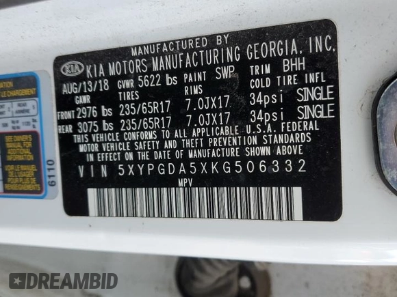 2019 Kia Sorento LX V6 with VIN 5XYPGDA5XKG506332, listed as a Copart auction lot 50985635 with 81,238 mi miles and Salvage Title. Bid and sale history available at carsss.com. Image 13.