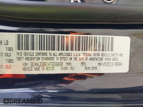 2017 Jeep Compass Latitude с VIN 3C4NJCBB1HT658802, выставлен на аукционе IAAI как лот 41957385 с пробегом 102 733 миль миль и . История ставок и продаж доступна на DreamBid. Изображение 9.