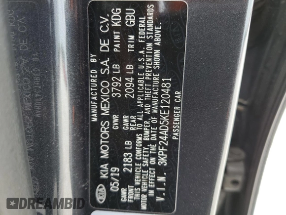 2019 Kia Forte LXS with VIN 3KPF24AD5KE120481, listed as a Copart auction lot 50417795 with 76,499 mi miles and Salvage Title. Bid and sale history available at DreamBid. Image 12.