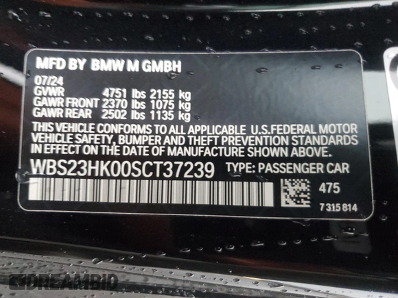 2025 BMW M4 Competition with VIN WBS23HK00SCT37239, listed as a Copart auction lot 82076914 with 2,868 mi miles and Salvage Title. Bid and sale history available at carsss.com. Image 12.