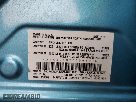 2014 Mitsubishi Outlander Sport SE with VIN 4A4AJ3AU9EE603276, listed as a Copart auction lot 81506614 with 267,913 mi miles and Salvage title. Bid and sale history available at DreamBid. Image 14.