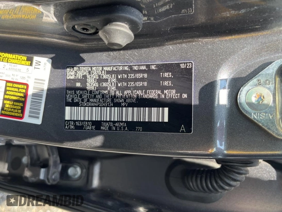 2023 Toyota Highlander L with VIN 5TDKDRAH4PS049134, listed as a Copart auction lot 63428785 with 18,645 mi miles and Salvage title. Bid and sale history available at DreamBid. Image 10.