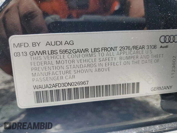 2013 Audi A8 4.0L with VIN WAUA2AFD3DN026967, listed as a Copart auction lot 60800425 with 87,836 mi miles and Salvage title. Bid and sale history available at DreamBid. Image 13.