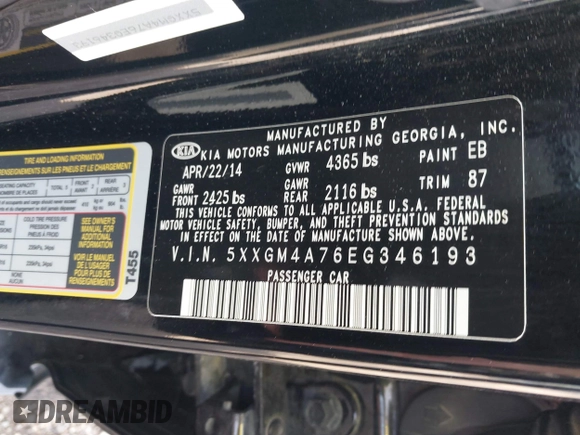 2014 Kia Optima LX with VIN 5XXGM4A76EG346193, listed as a IAAI auction lot 42176760 with 124,702 mi miles and . Bid and sale history available at DreamBid. Image 9.
