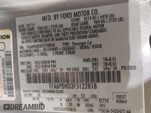 2015 Ford Fusion SE with VIN 1FA6P0HD3F5122818, listed as a IAAI auction lot 42399795 with 154,791 mi miles and . Bid and sale history available at DreamBid. Image 9.