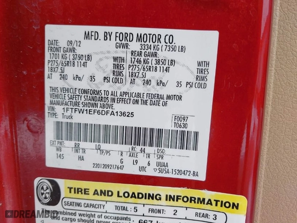 2013 Ford F-150 XL with VIN 1FTFW1EF6DFA13625, listed as a IAAI auction lot 41303500 with 140,606 mi miles. Bid and sale history available at carsss.com. Image 9.