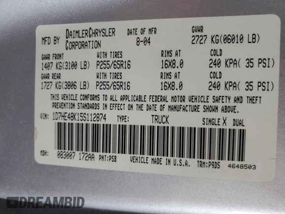 2005 Dodge Dakota SLT with VIN 1D7HE48K15S112874, listed as a Copart auction lot 42560405 with 194,887 mi miles and Salvage Title. Bid and sale history available at DreamBid. Image 12.