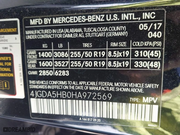 2017 Mercedes-Benz GLE with VIN 4JGDA5HB0HA972569, listed as a IAAI auction lot 41784301 with 87,214 mi miles. Bid and sale history available at carsss.com. Image 9.