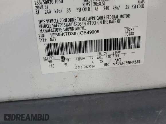 2017 Ford Explorer XLT z VIN 1FM5K7D88HGB49909, wystawiony jako Copart lot #59027255 z przebiegiem 133 536 mil mil oraz Szkoda całkowita • Salvage title. Historia ofert i sprzedaży dostępna na DreamBid. Obrazek 14.