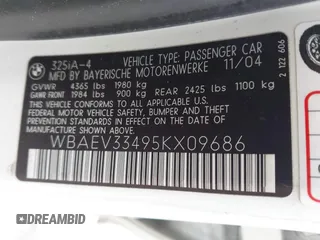 2005 BMW 3 Series 325i with VIN WBAEV33495KX09686, listed as a IAAI auction lot 42040947 with 125,221 mi miles and . Bid and sale history available at DreamBid. Image 9.
