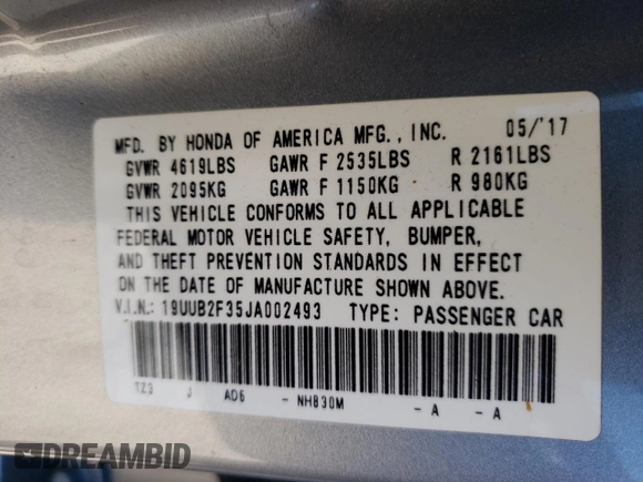 2018 Acura TLX with VIN 19UUB2F35JA002493, listed as a Copart auction lot 66779732 with 81,578 mi miles. Bid and sale history available at carsss.com. Image 10.