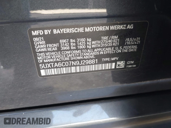 2022 BMW X5 xDrive45e with VIN 5UXTA6C07N9J29881, listed as a IAAI auction lot 42086373 with 63,510 mi miles and . Bid and sale history available at DreamBid. Image 9.