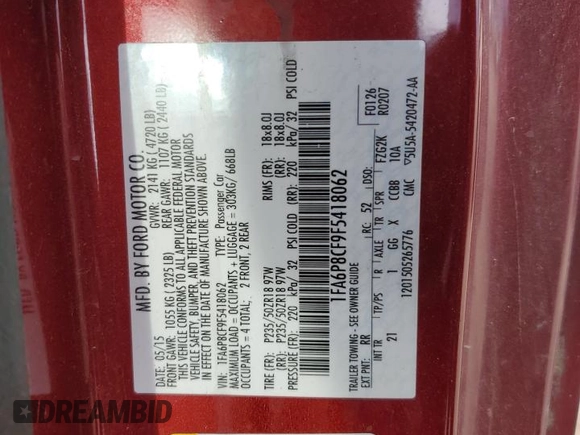 2015 Ford Mustang GT with VIN 1FA6P8CF9F5418062, listed as a Copart auction lot 52352075 with 47,464 mi miles and Salvage Title. Bid and sale history available at carsss.com. Image 12.