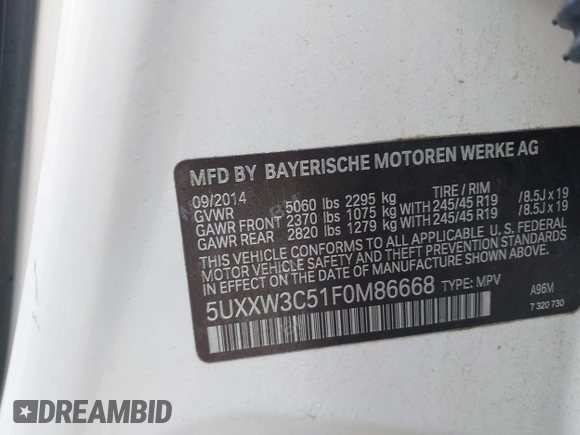 2015 BMW X4 xDrive28i with VIN 5UXXW3C51F0M86668, listed as a IAAI auction lot 42489071 with 59,694 mi miles and . Bid and sale history available at DreamBid. Image 9.