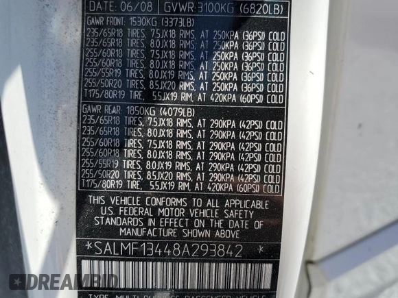 2008 Land Rover Range Rover SC with VIN SALMF13448A293842, listed as a Copart auction lot 53118915 with 134,429 mi miles and Salvage title. Bid and sale history available at DreamBid. Image 13.