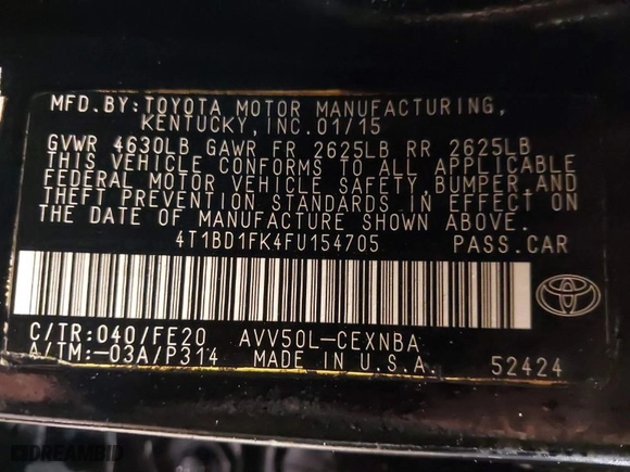 2015 Toyota Camry Hybrid LE with VIN 4T1BD1FK4FU154705, listed as a IAAI auction lot 41598493 with 413,123 mi miles. Bid and sale history available at carsss.com. Image 9.