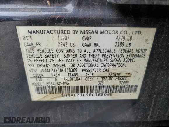 2008 Nissan Altima 2.5 S with VIN 1N4AL21E58C168069, listed as a Copart auction lot 51916525 with 93,146 mi miles and Salvage Title. Bid and sale history available at carsss.com. Image 12.