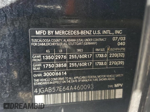 2004 Mercedes-Benz M 350 with VIN 4JGAB57E64A460093, listed as a Copart auction lot 53764705 with 140,054 mi miles and Clean Title. Bid and sale history available at DreamBid. Image 13.