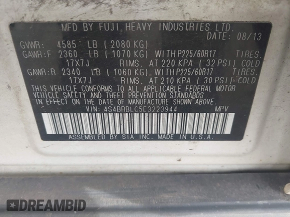 2014 Subaru Outback Limited with VIN 4S4BRBLC5E3223944, listed as a IAAI auction lot 42091879 with 246,628 mi miles and . Bid and sale history available at DreamBid. Image 9.