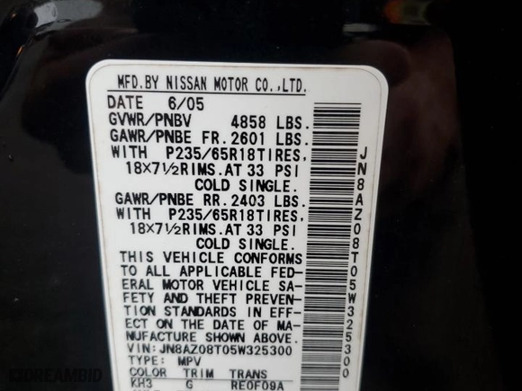 2005 Nissan Murano SL with VIN JN8AZ08T05W325300, listed as a Copart auction lot 61162764 with 99,527 mi miles and Salvage Title. Bid and sale history available at carsss.com. Image 15.