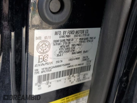 2011 Ford Expedition Max Limited z VIN 1FMJK2A58BEF52660, wystawiony jako Copart lot #60473575 z przebiegiem 236 074 mil mil oraz Szkoda całkowita • Salvage title. Historia ofert i sprzedaży dostępna na DreamBid. Obrazek 14.