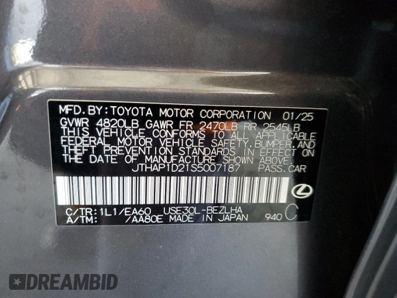 2025 Lexus IS 500 F Sport Performance with VIN JTHAP1D21S5007187, listed as a Copart auction lot 55784875 with 6,084 mi miles and Salvage title. Bid and sale history available at DreamBid. Image 12.
