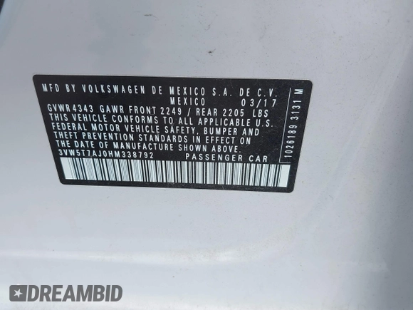 2017 Volkswagen Jetta GLI z VIN 3VW5T7AJ0HM338792, wystawiony jako IAAI lot #42285176 z przebiegiem 95 566 mil mil oraz . Historia ofert i sprzedaży dostępna na DreamBid. Obrazek 9.