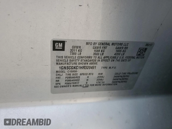 2017 Chevrolet Suburban LS with VIN 1GNSCGKC1HR320491, listed as a Copart auction lot 82842924 with Not provided miles and Salvage title. Bid and sale history available at DreamBid. Image 14.