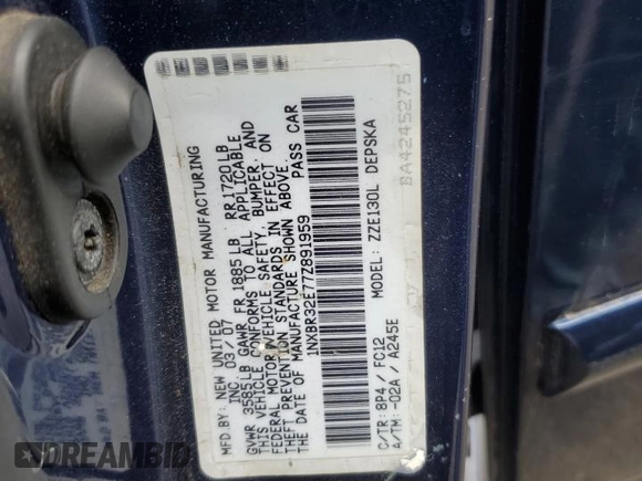 2007 Toyota Corolla CE with VIN 1NXBR32E77Z891959, listed as a Copart auction lot 54986625 with 190,455 mi miles and Clean Title. Bid and sale history available at DreamBid. Image 12.