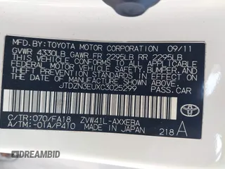 2012 Toyota Prius Two with VIN JTDZN3EUXC3025299, listed as a IAAI auction lot 41925141 with 280,882 mi miles and . Bid and sale history available at DreamBid. Image 9.