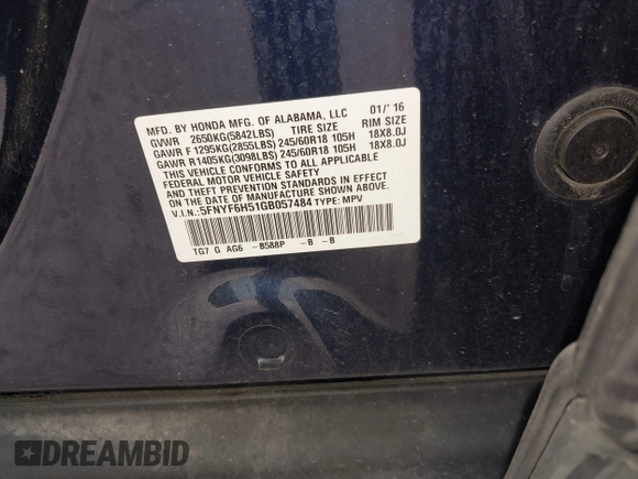 2016 Honda Pilot EX-L with VIN 5FNYF6H51GB057484, listed as a IAAI auction lot 42021196 with 109,470 mi miles. Bid and sale history available at carsss.com. Image 9.