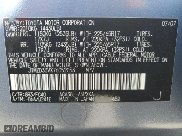 2007 Toyota RAV4 with VIN JTMZD33VX76052053, listed as a Copart auction lot 52215005 with 134,954 mi miles and Salvage Title. Bid and sale history available at carsss.com. Image 14.