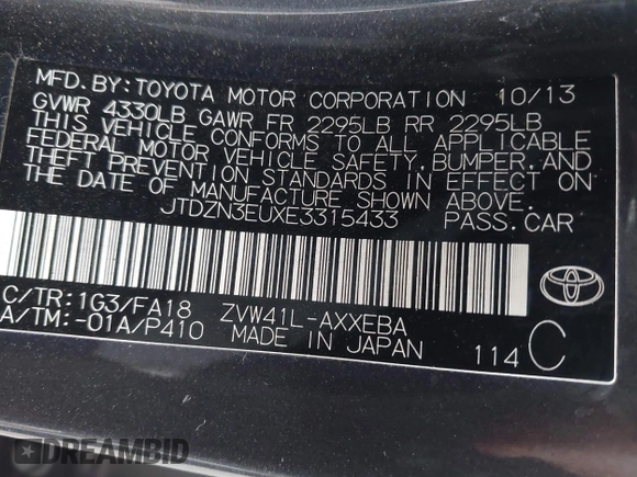 2014 Toyota Prius Two with VIN JTDZN3EUXE3315433, listed as a IAAI auction lot 42060732 with 151,240 mi miles and . Bid and sale history available at DreamBid. Image 9.