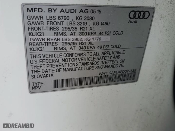 2015 Audi Q7 3.0T Premium Plus with VIN WA1LGAFEXFD027638, listed as a Copart auction lot 43245265 with 81661 miles and Salvage Title. Bid and sale history available at carsss.com. Image 13.
