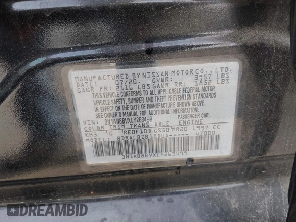 2020 Nissan Sentra S with VIN 3N1AB8BVXLY263499, listed as a IAAI auction lot 42175882 with 152,825 mi miles and . Bid and sale history available at DreamBid. Image 9.