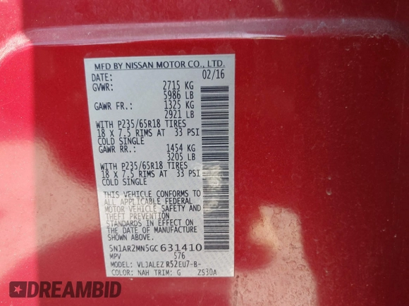 2016 Nissan Pathfinder S with VIN 5N1AR2MN5GC631410, listed as a IAAI auction lot 41851832 with 198,670 mi miles and . Bid and sale history available at DreamBid. Image 9.