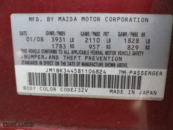 2008 Mazda Mazda3 s Grand Touring with VIN JM1BK344581106824, listed as a IAAI auction lot 41744215 with 229,653 mi miles. Bid and sale history available at carsss.com. Image 9.