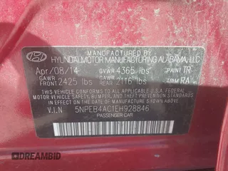 2014 Hyundai Sonata GLS with VIN 5NPEB4AC1EH928846, listed as a IAAI auction lot 41843568 with 72,863 mi miles and . Bid and sale history available at carsss.com. Image 9.