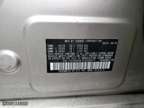 2019 Subaru Legacy Limited with VIN 4S3BNAN61K3035077, listed as a Copart auction lot 46354005 with 39236 miles and Salvage Title. Bid and sale history available at carsss.com. Image 12.